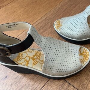 Fly London Perforated Cream and Black Wedge Sandals